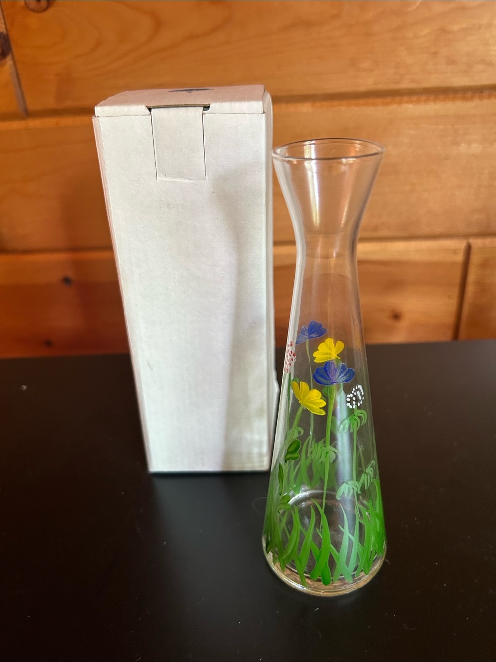 Hand-Painted Floral Glass Bud Vase - Clear with Yellow & Blue Flowers